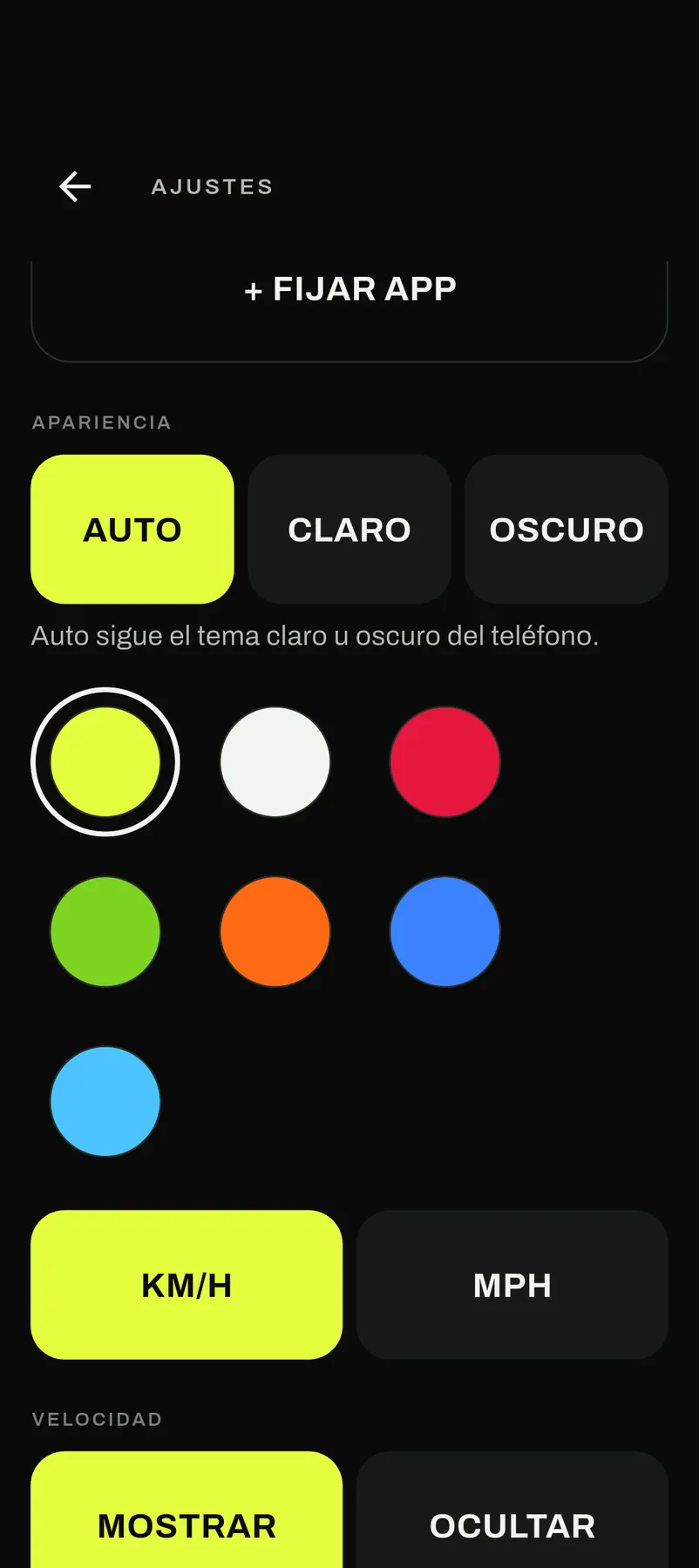 Ajustes de apariencia con selección de tema, colores de acento y unidades.