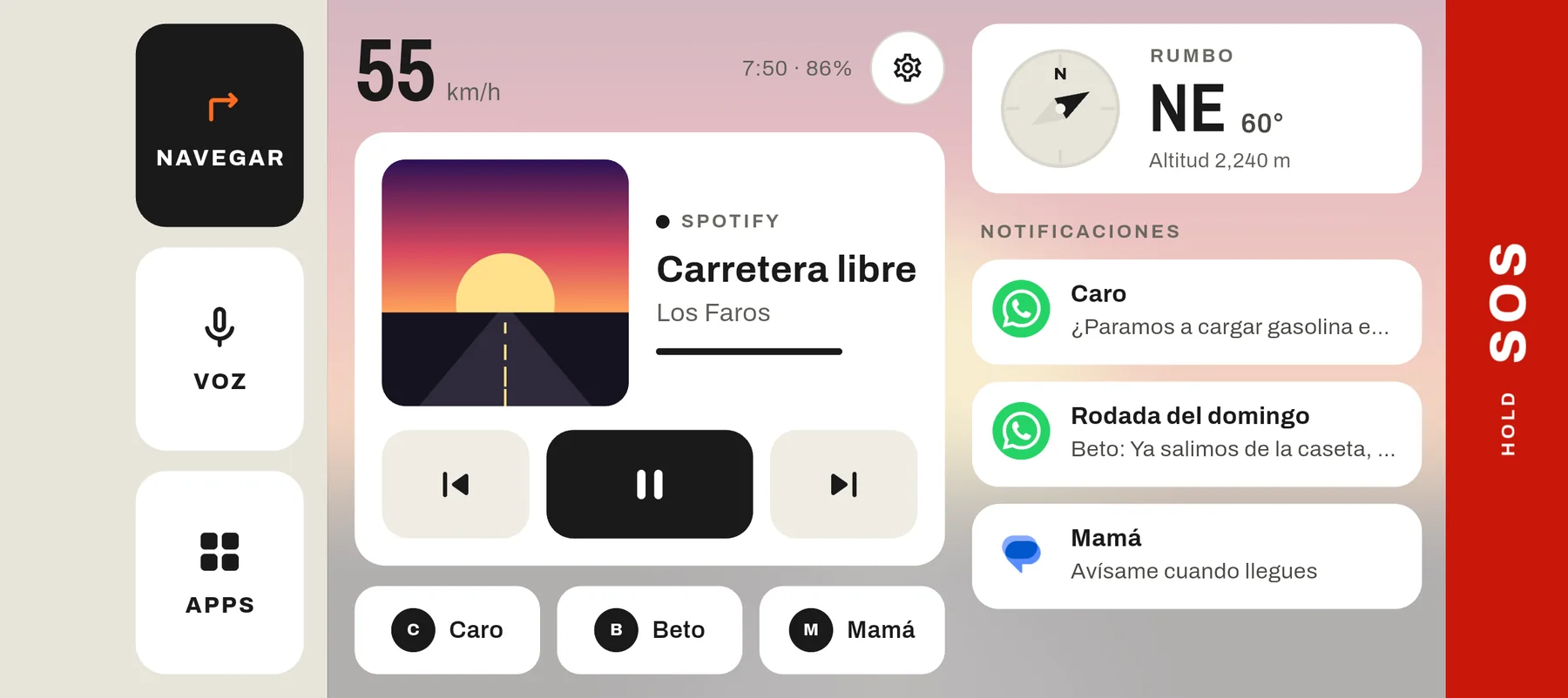 Pantalla de inicio en tema claro con brújula, música y notificaciones.