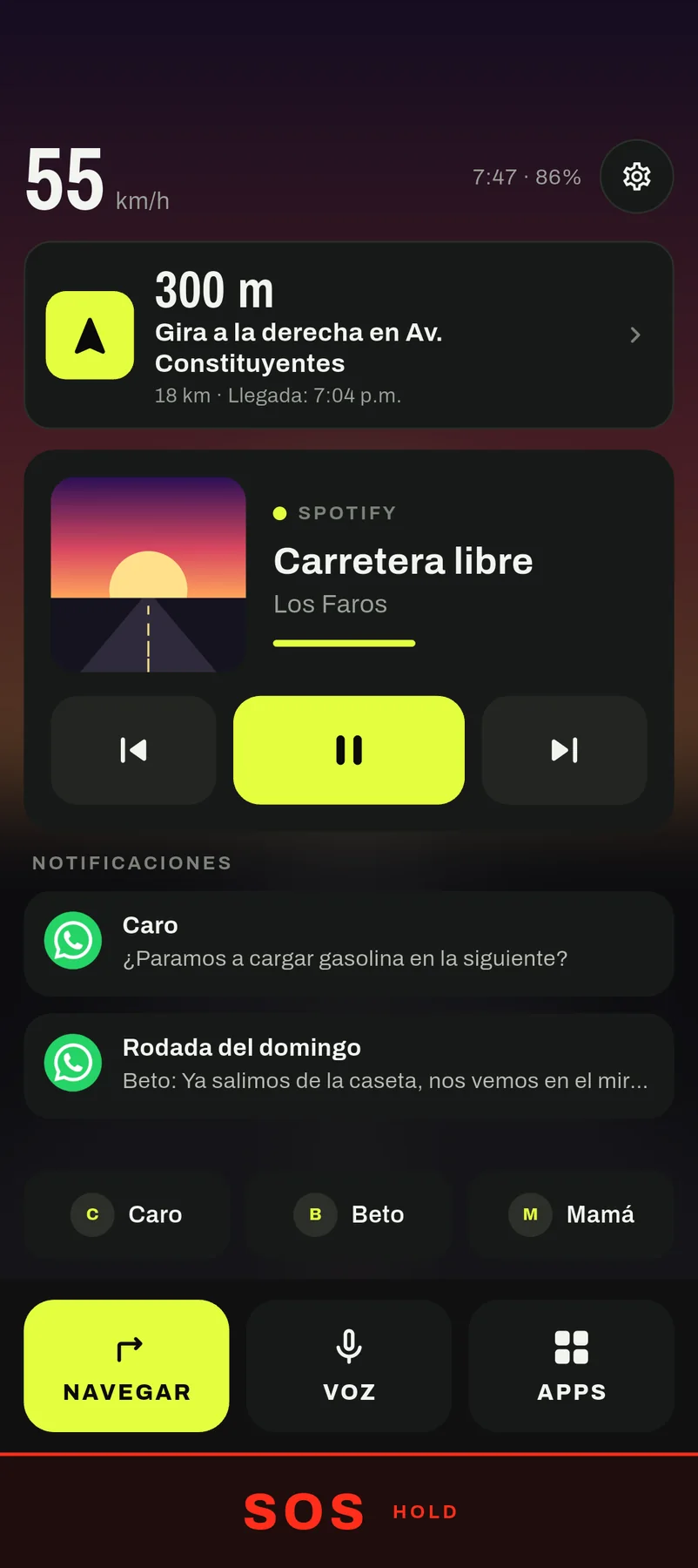 Pantalla de inicio en vertical, tema oscuro.