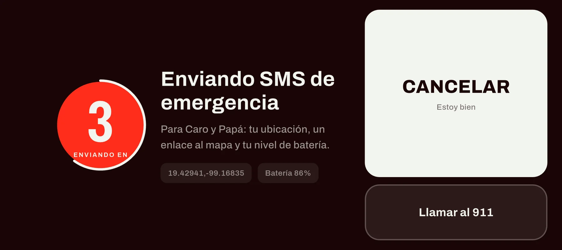 Pantalla de cuenta regresiva del SOS con un botón grande para cancelar y otro para llamar al 911.