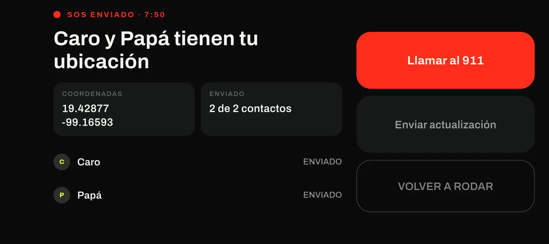 Confirmación de SOS enviado, con las coordenadas y el estado de envío por cada contacto.